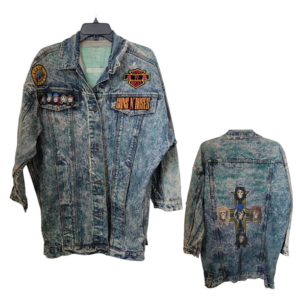 VTG 80s Jordache Denim Distress Jacket Guns N' Roses Rock Patch Acid Wash Medium
